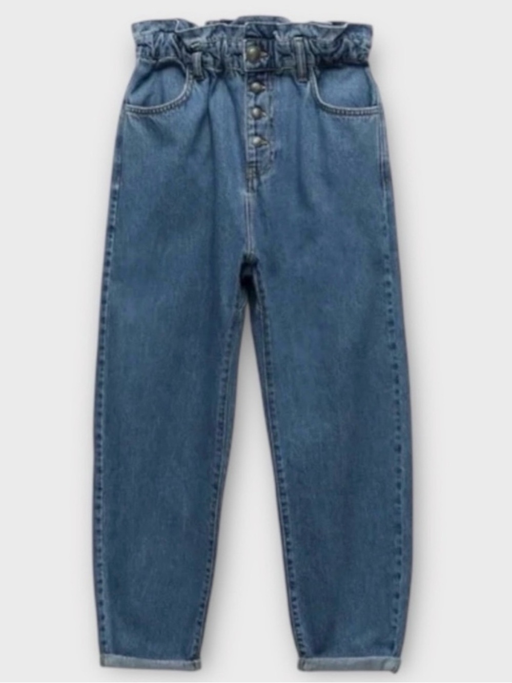ZARA High Rise Paper Bag Waist Button Fly Denim Jeans Size 10